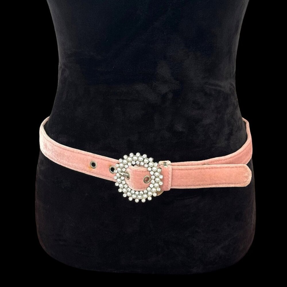 Steve Madden Pink Rhinestone Round Buckle Faux Leather Belt Women's Thin Hollywo